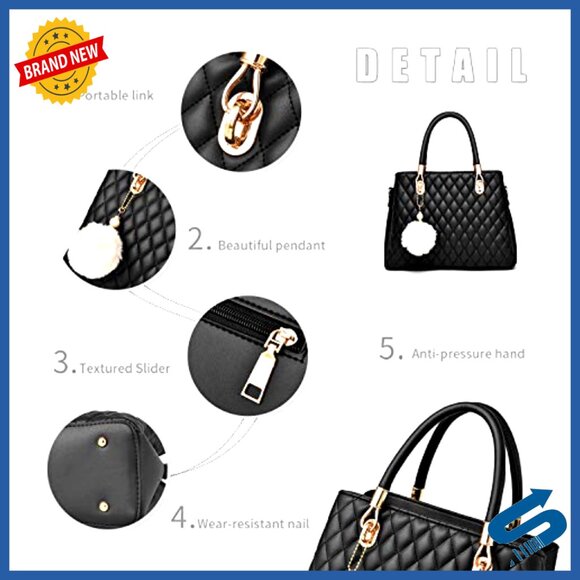 PU Leather Top Handle Tote Satchel Shoulder Bag with Pompom - Picture 5 of 7